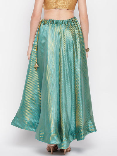 Rama Green Striped Brocade Flared Skirt with Drawstring Closure and Lining