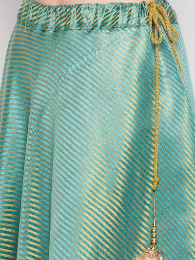 Rama Green Striped Brocade Flared Skirt with drawstring detail and flared hem.