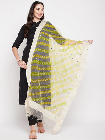 Lemon mirror embroidery organza dupatta with tasselled border.