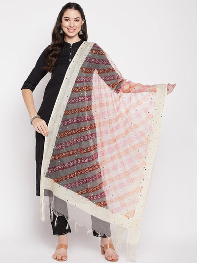 Red Mirror Embroidery Organza Dupatta with tasselled border.
