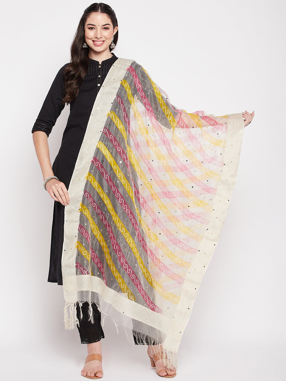 Yellow mirror embroidery organza dupatta with tasselled border.
