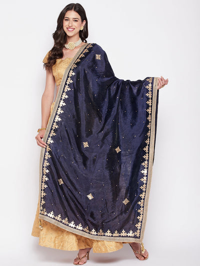 Navy Blue Gotta Patti Silk Blend Dupatta with embellished border.