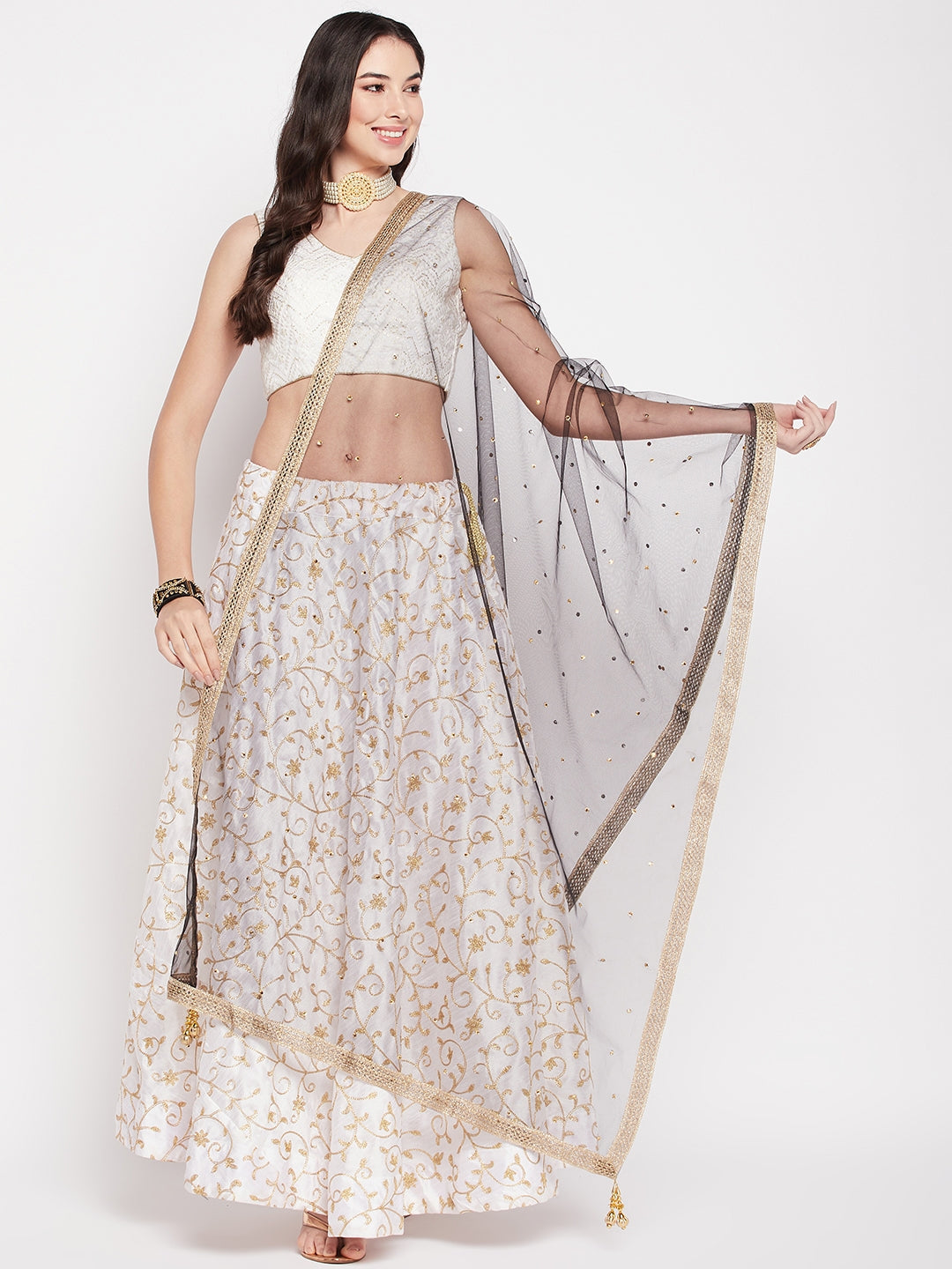 Black sequinned net dupatta with tasselled border draped over woman in traditional attire.