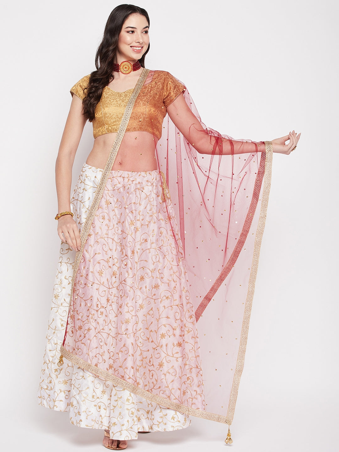 Clora Maroon Sequinned Net Dupatta