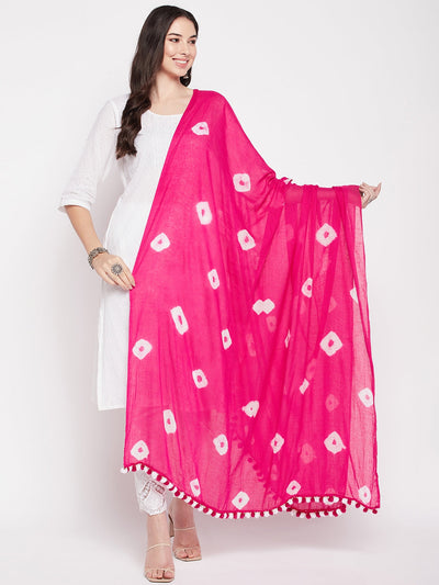 Magenta cotton tie and dye dupatta with fringed border.
