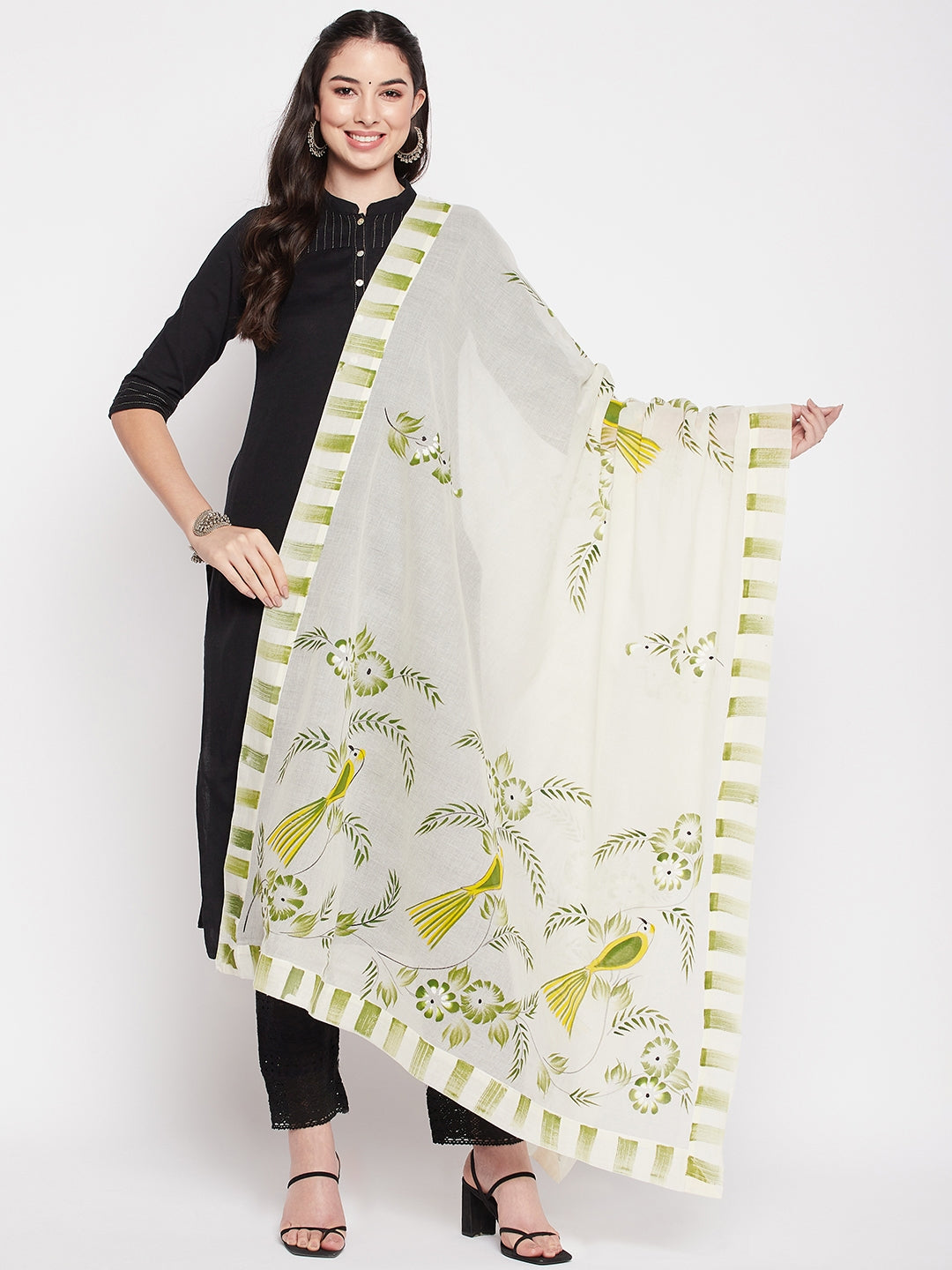 Off-White hand brush painted cotton dupatta with printed border.