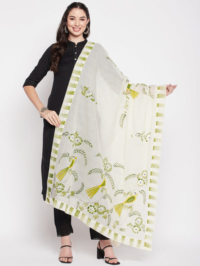 Off-White hand brush painted cotton dupatta with printed border.