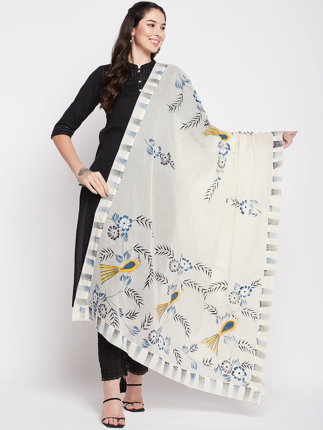 Clora Off-White Hand Brush Painted Cotton Dupatta