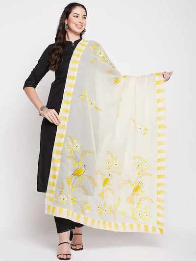 Off-White hand brush painted cotton dupatta with printed border.