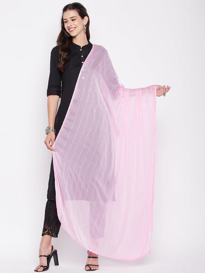 Baby pink embroidered chiffon dupatta with sequins and solid border.