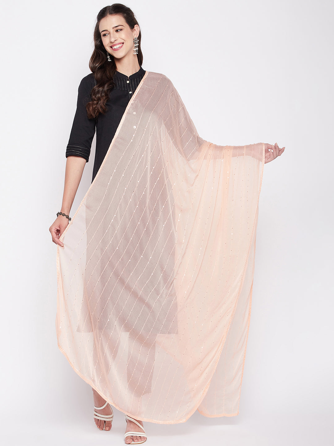 Clora Peach Embroidered Chiffon Dupatta with Sequinned