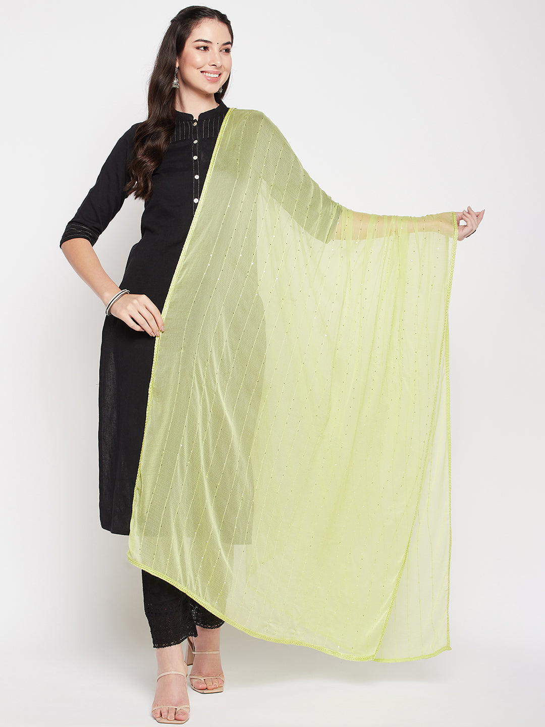 Pista green embroidered chiffon dupatta with sequins and solid border.