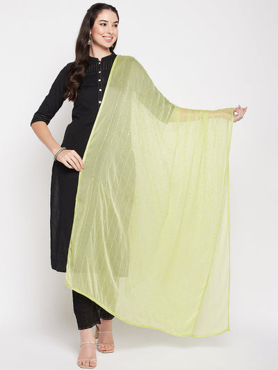 Pista green embroidered chiffon dupatta with sequins and solid border.