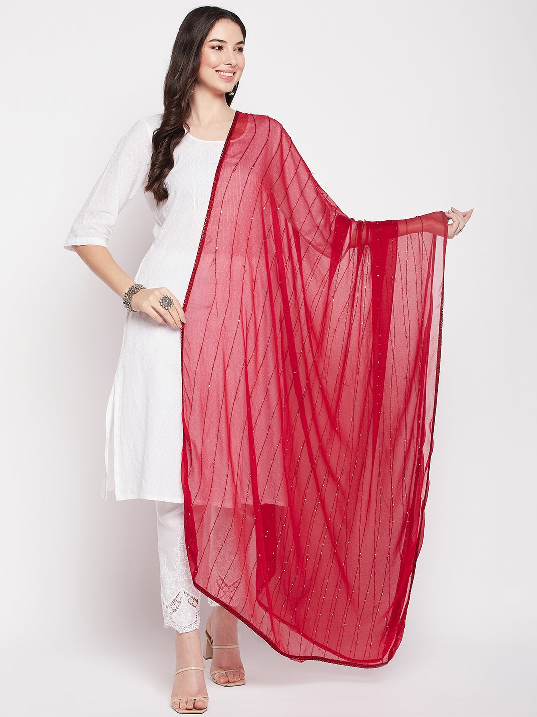 Clora Maroon Embroidered Chiffon Dupatta with Sequinned