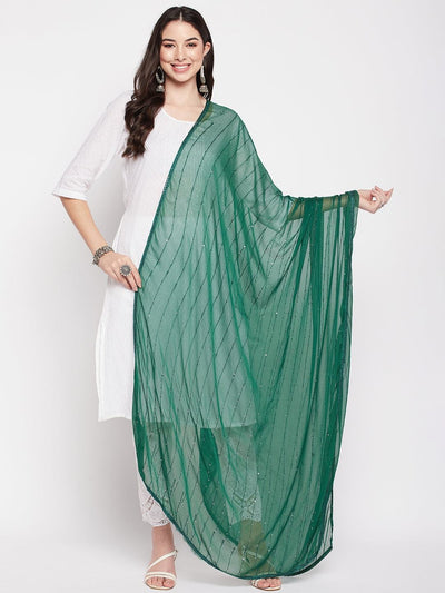Bottle Green Embroidered Chiffon Dupatta with Sequins and Solid Border