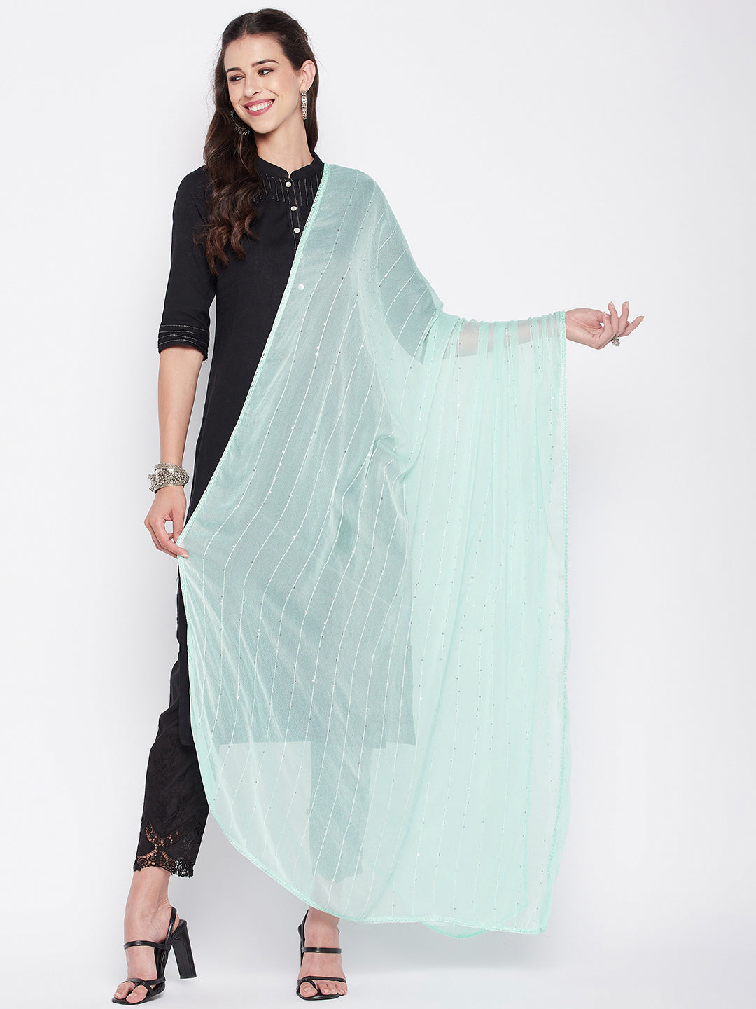 Clora Sea Green Embroidered Chiffon Dupatta with Sequinned