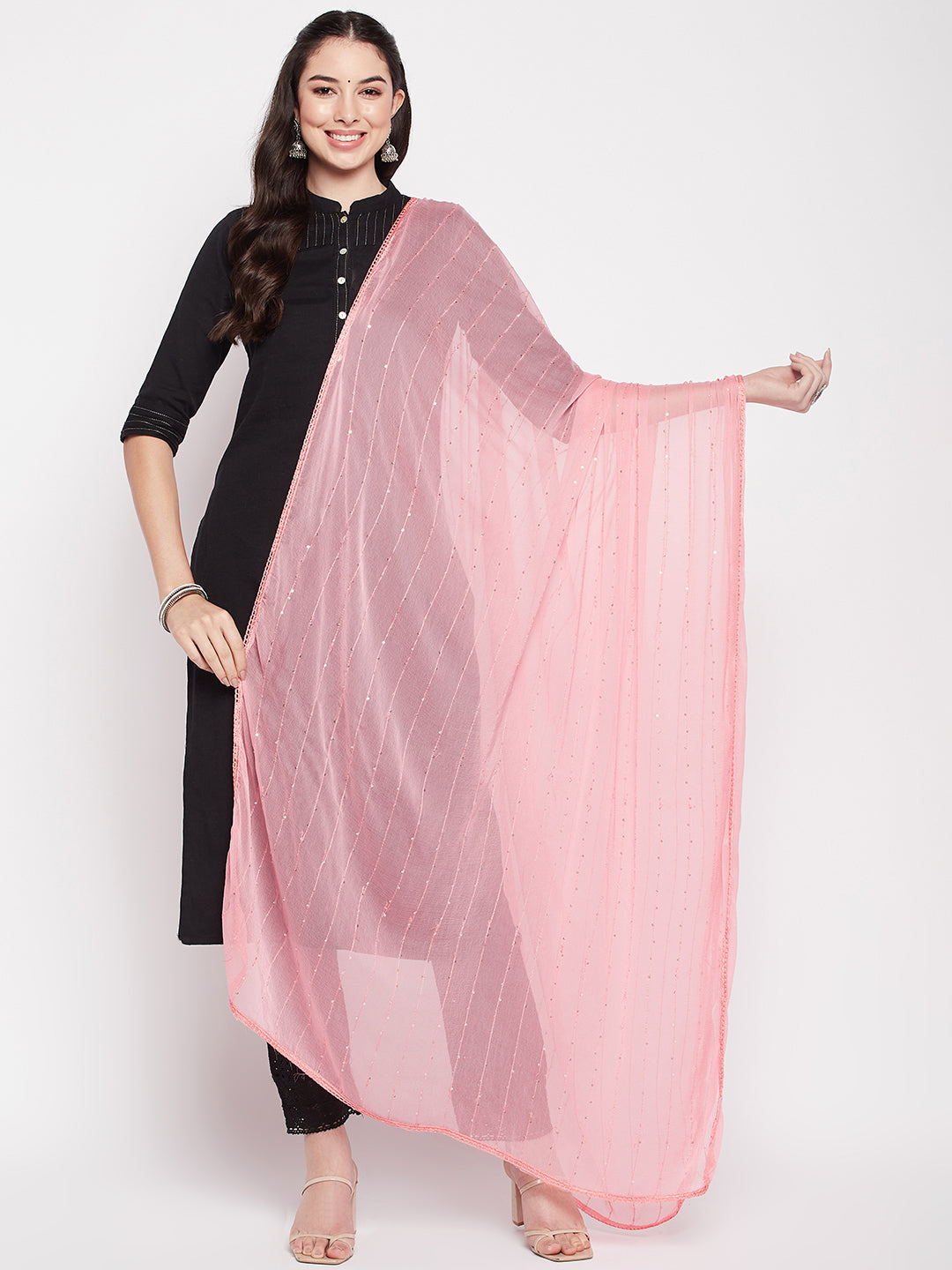 Clora Pink Embroidered Chiffon Dupatta with Sequinned