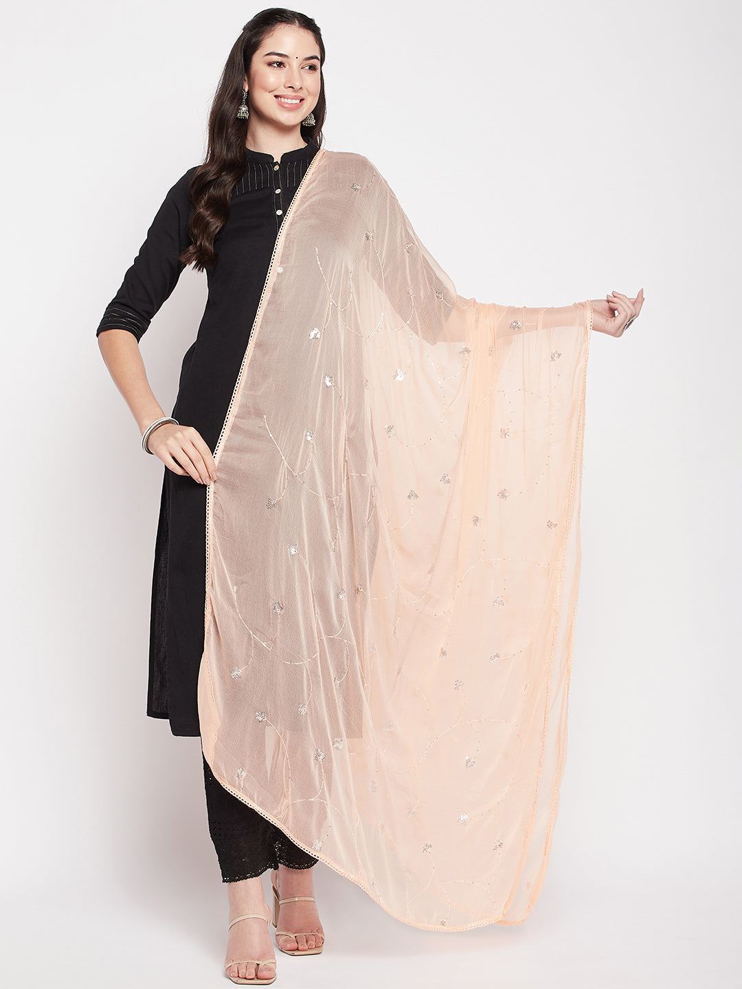 Peach embroidered chiffon dupatta with sequins and solid border.