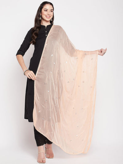 Peach embroidered chiffon dupatta with sequins and solid border.