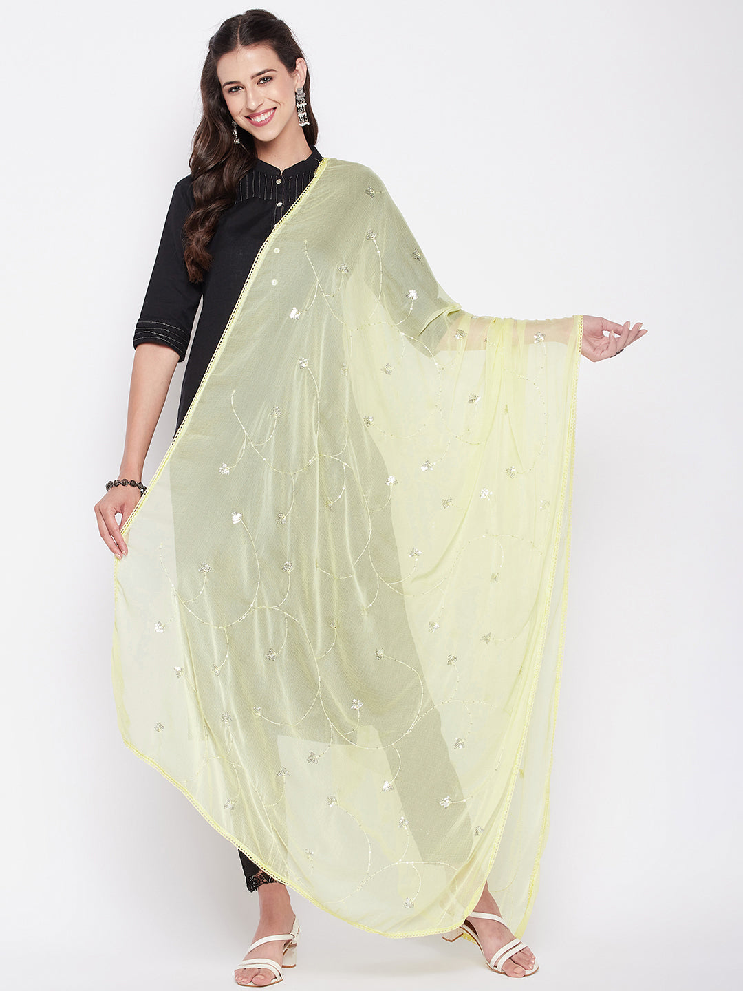 Clora Lemon Embroidered Chiffon Dupatta with Sequinned