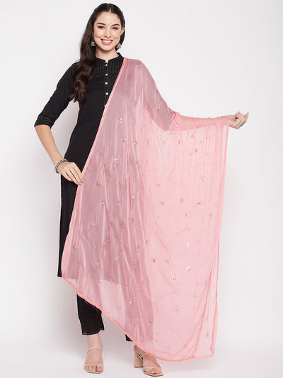 Pink embroidered chiffon dupatta with sequins and solid border.