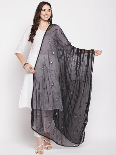 Clora Black Embroidered Chiffon Dupatta with Sequinned