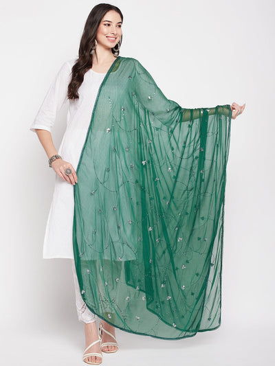 Clora Bottle Green Embroidered Chiffon Dupatta with Sequinned