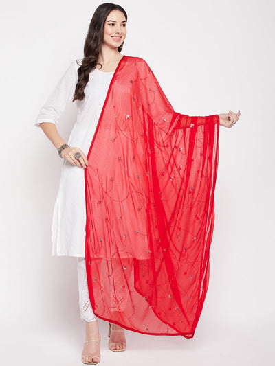 Clora Red Embroidered Chiffon Dupatta with Sequinned