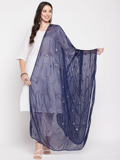 Clora Navy Blue Embroidered Chiffon Dupatta with Sequinned