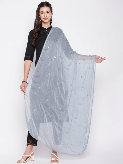 Clora Grey Embroidered Chiffon Dupatta with Sequinned