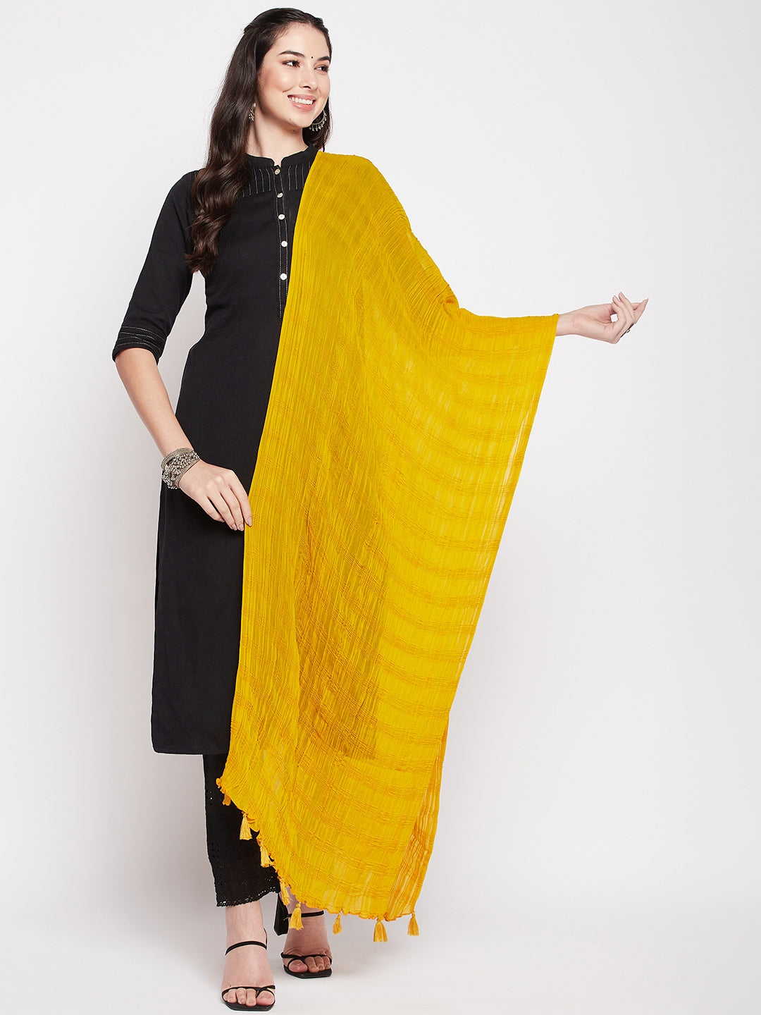 Clora Mustard Solid Woven Design Cotton Dupatta