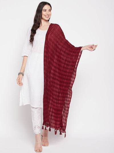 Maroon solid woven design cotton dupatta with tasselled border.