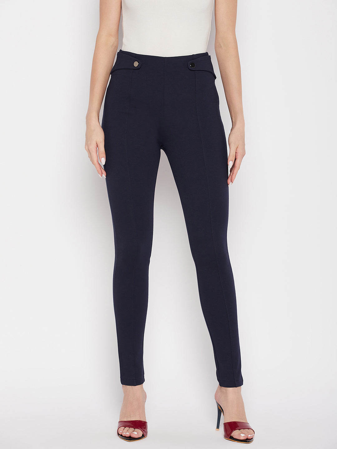 Clora Navy Blue Solid Relaxed Fit Jeggings