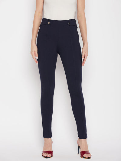 Clora Navy Blue Solid Relaxed Fit Jeggings