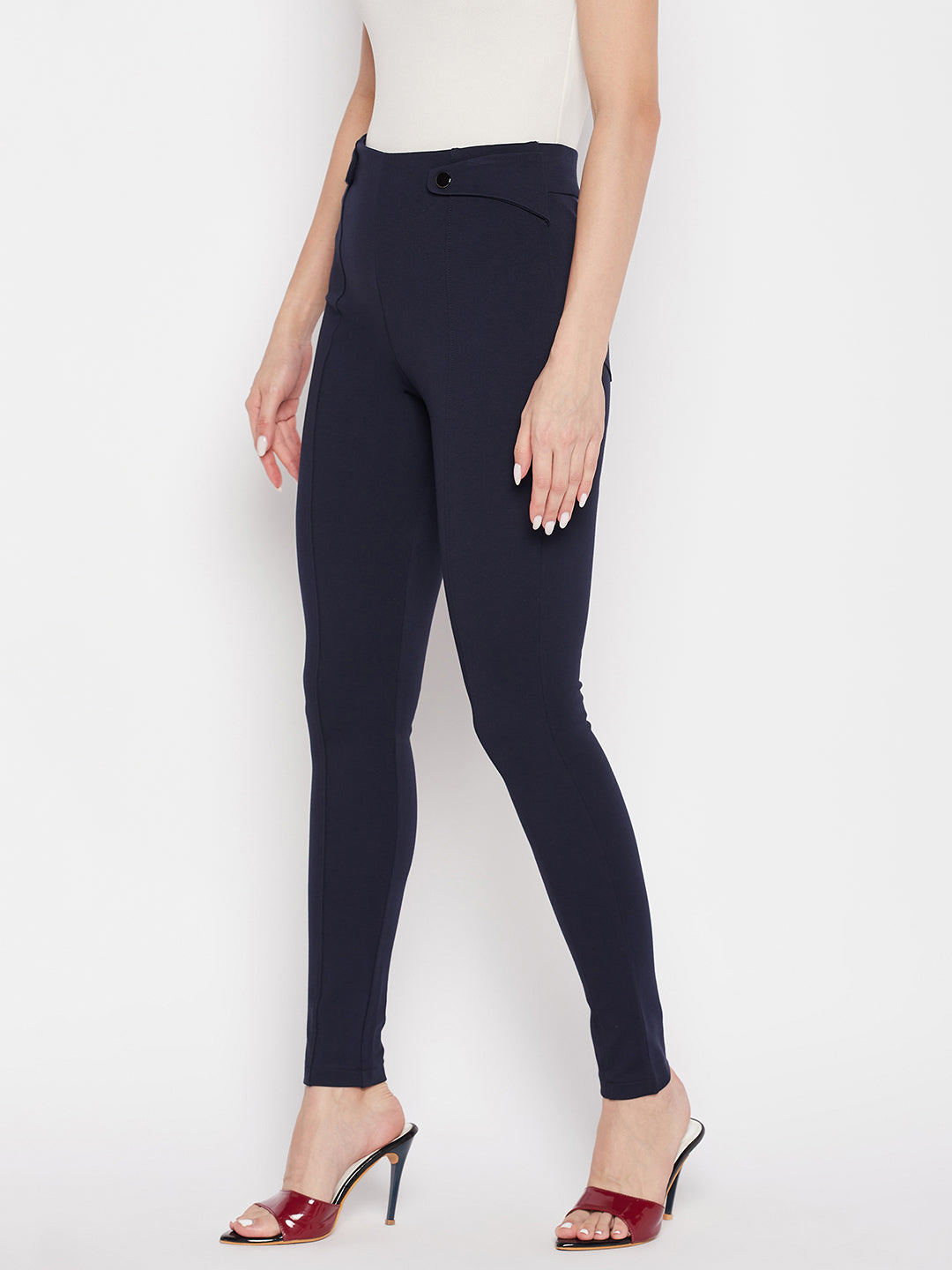 Clora Navy Blue Solid Relaxed Fit Jeggings