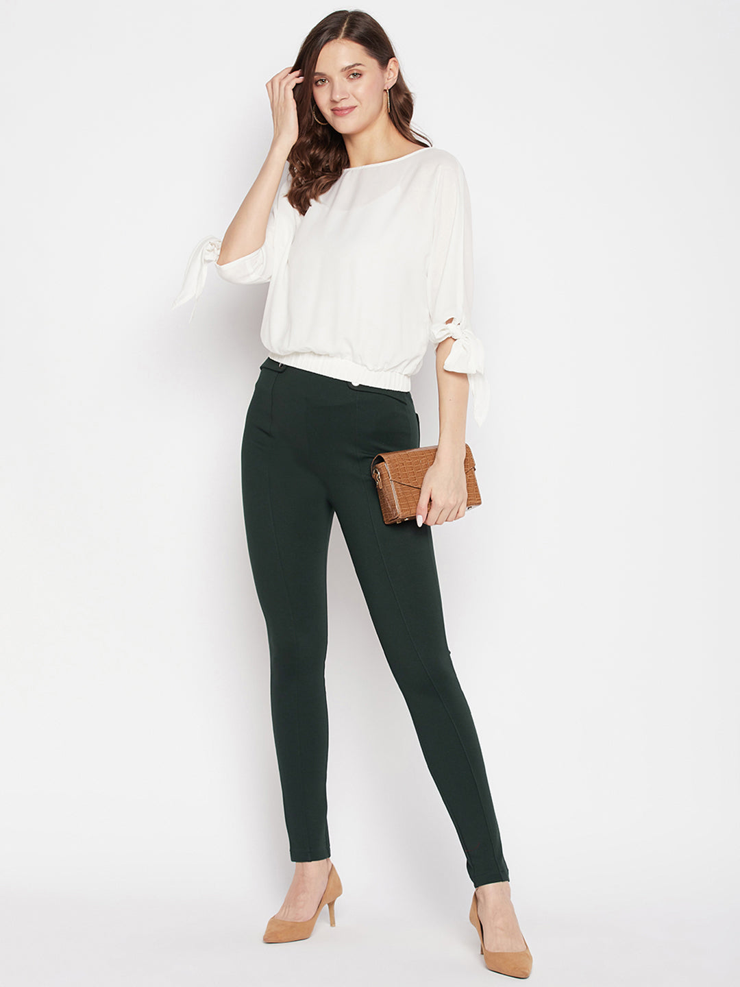 Clora Bottle Green Solid Relaxed Fit Jeggings