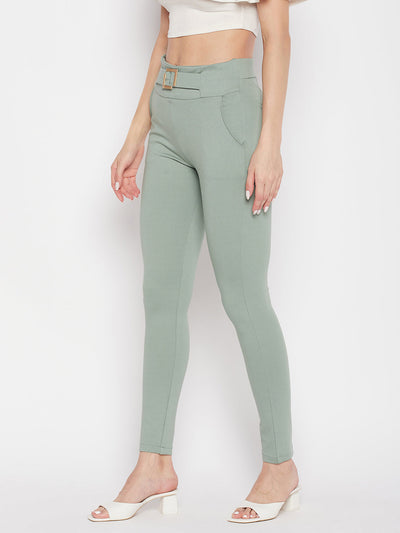 Clora Pista Green Solid Regular Fit Jeggings