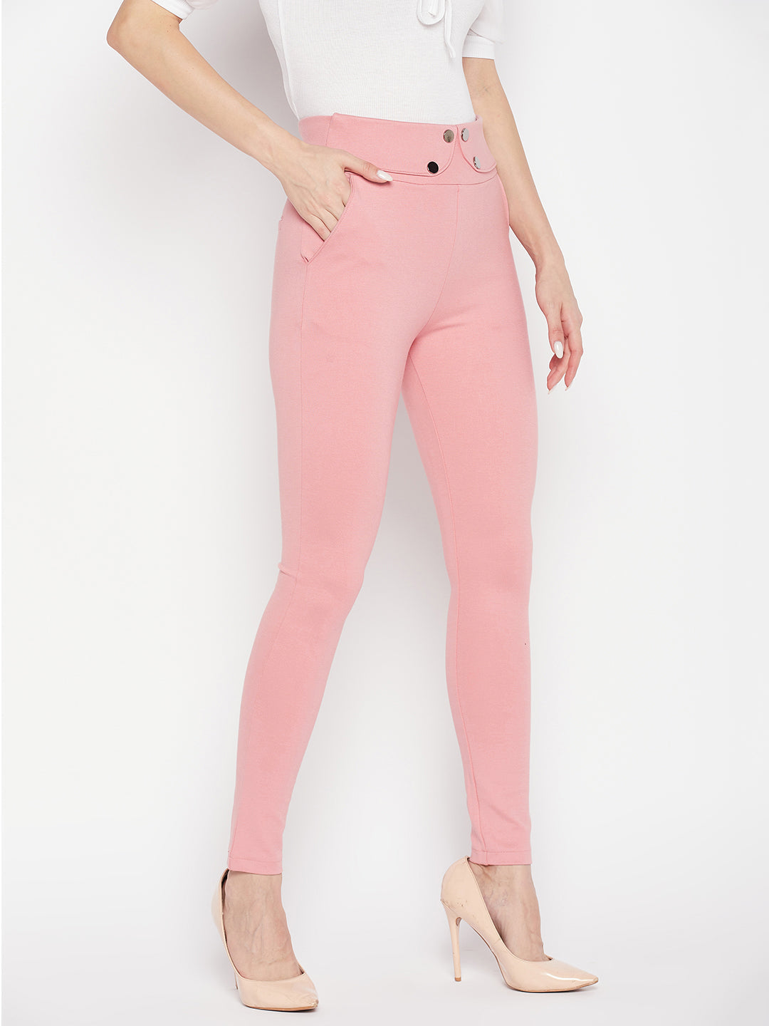 Clora Pink Solid Relaxed Fit Jeggings