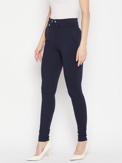 Clora Navy Blue Solid Relaxed Fit Jeggings