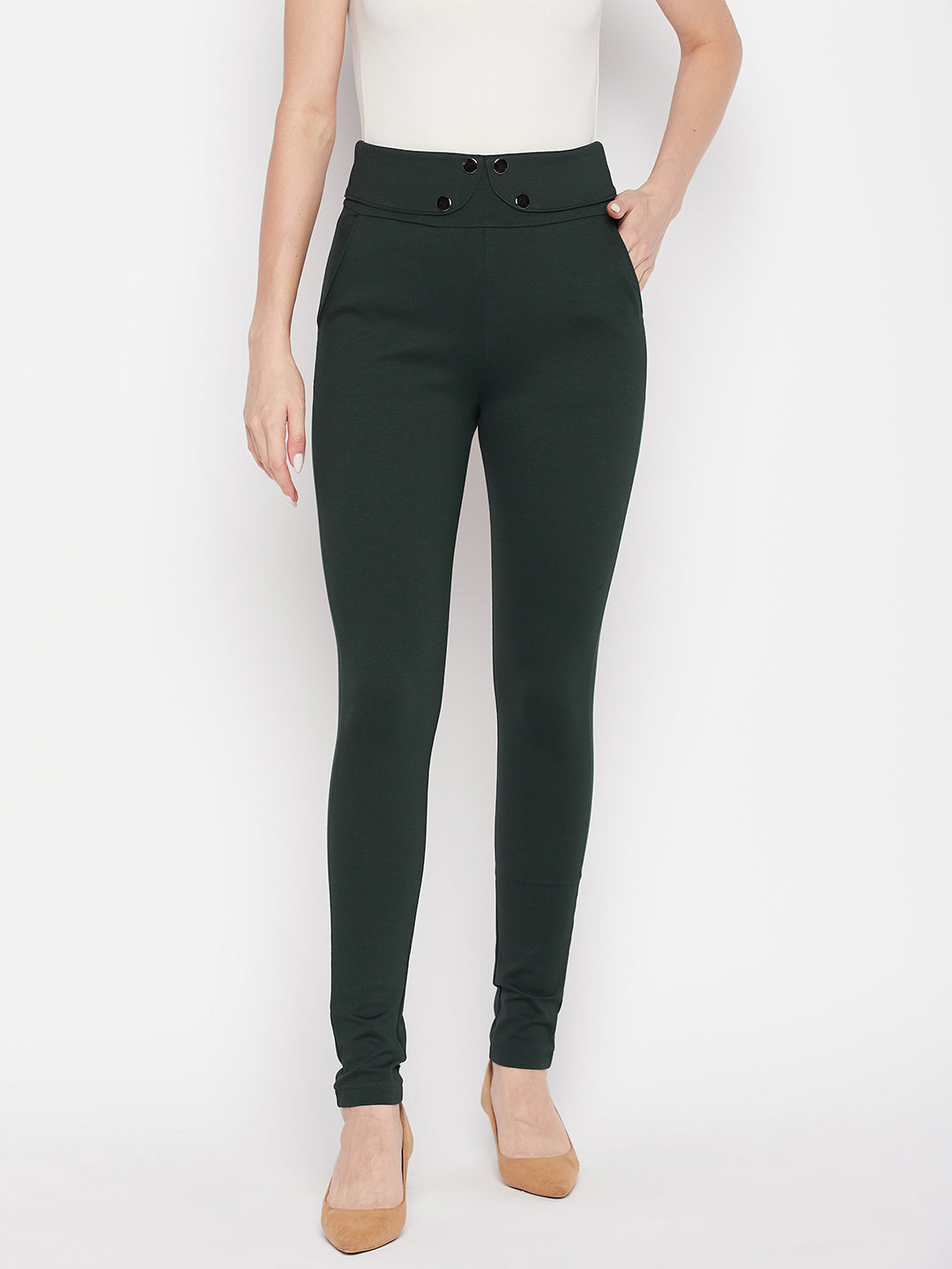 Clora Bottle Green Solid Relaxed Fit Jeggings
