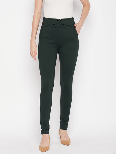 Clora Bottle Green Solid Relaxed Fit Jeggings