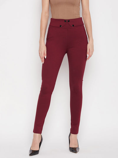 Clora Maroon Solid Relaxed Fit Jeggings