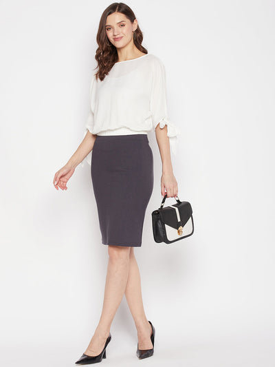 Grey solid pencil skirt with back slit and straight hem.