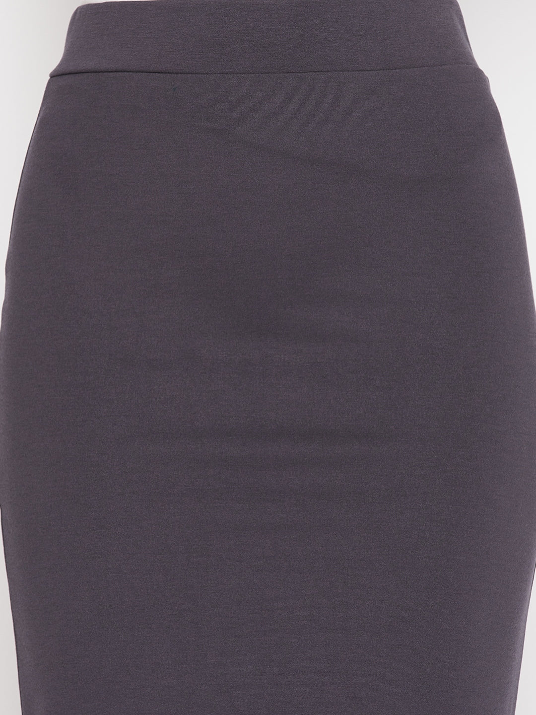 Grey solid pencil skirt with back slit and slip-on closure.
