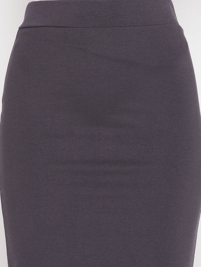 Grey solid pencil skirt with back slit and slip-on closure.