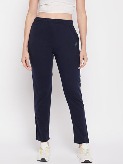 Navy Blue Solid Mid Rise Cotton Track Pants with elastic waistband and pockets.