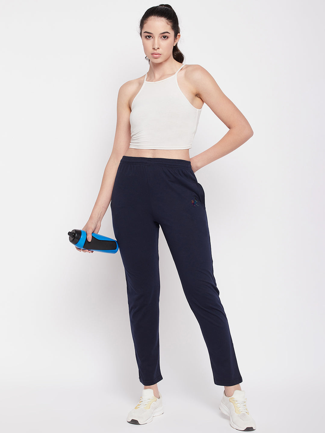 Navy Blue Solid Mid Rise Cotton Track Pants with elasticated waistband and pockets.
