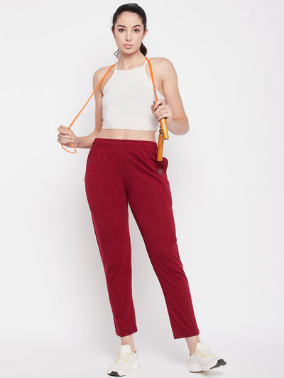 Clora Maroon Solid Mid Rise Cotton Track Pants