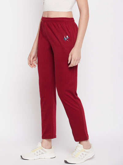 Clora Maroon Solid Mid Rise Cotton Track Pants