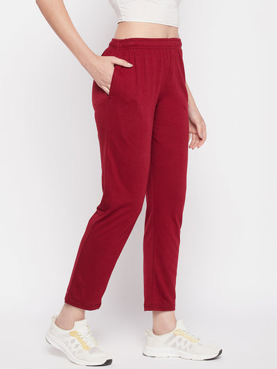 Clora Maroon Solid Mid Rise Cotton Track Pants